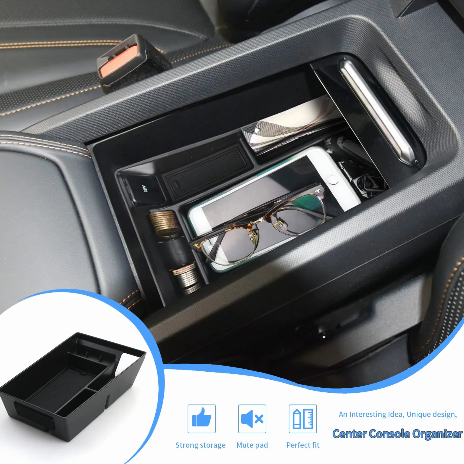 YEE PIN Pudełko do przechowywania kompatybilne z Ford Mustang Mach-E 2021-2023, organizer do konsoli środkowej, organizer na podłokietniki, akcesoria, z matą antypoślizgową (czarny)