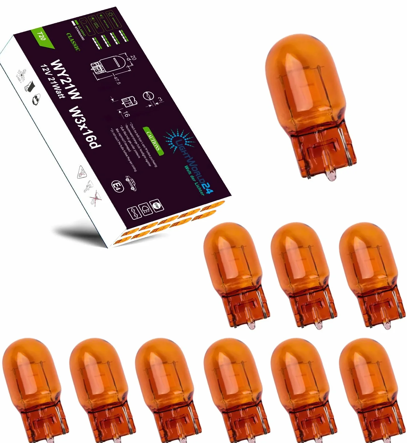 LIGHTWORLD24 10 x WY21W T20 lampka kontrolna żarówka kontrolna 12V pomarańczowo-żółta szklana podstawa lampy W3X16D lampa samochodowa 21W żarówka żarówka kontrolna 21 wat