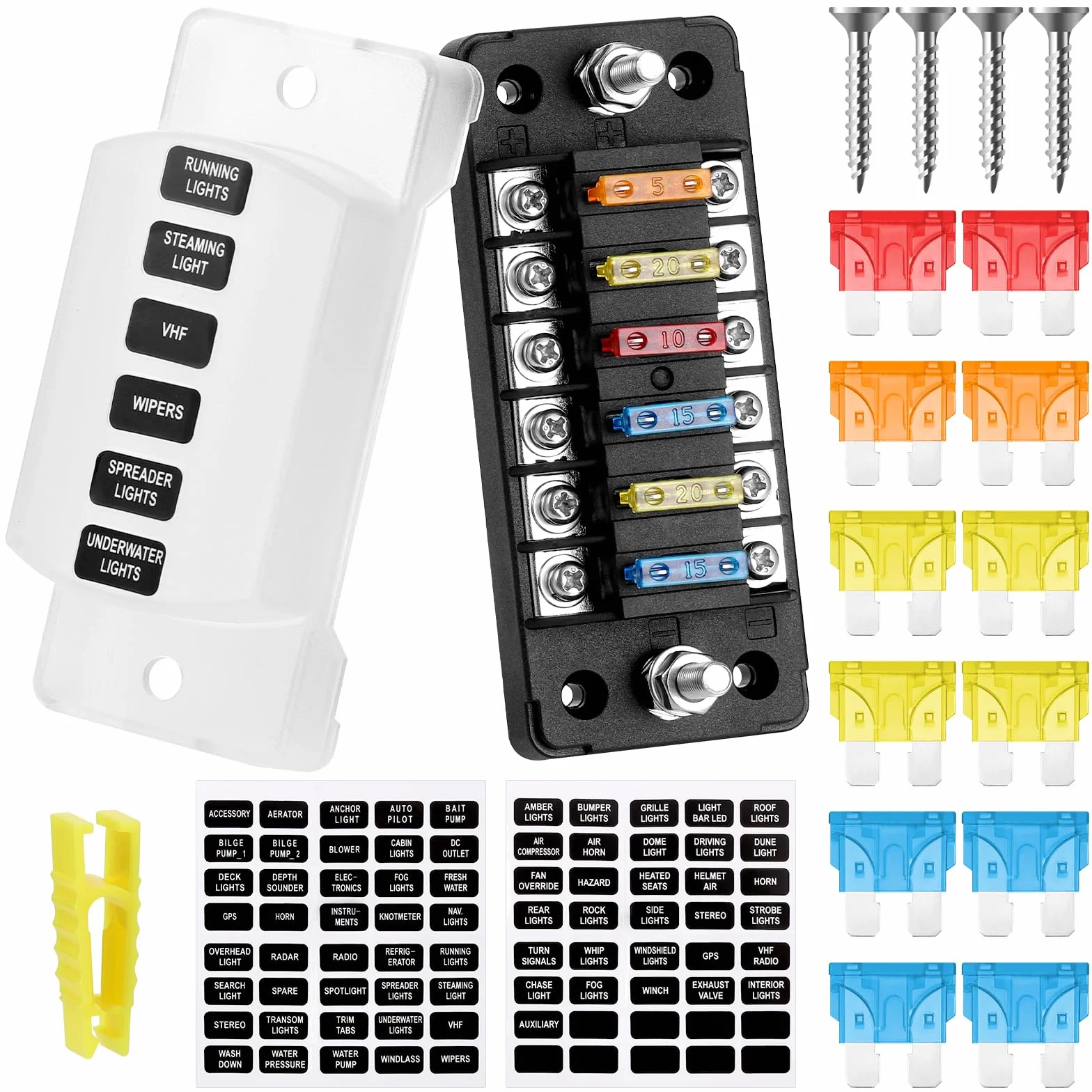Fentar Skrzynka bezpieczników 12 V, 6-drożny uchwyt bezpiecznika ATC/ATO z 5A, 10A, 15A, 20 A, uchwyt bezpieczników samochodowych z pyłoszczelną osłoną i naklejkami do łodzi, ciężarówki, kampera