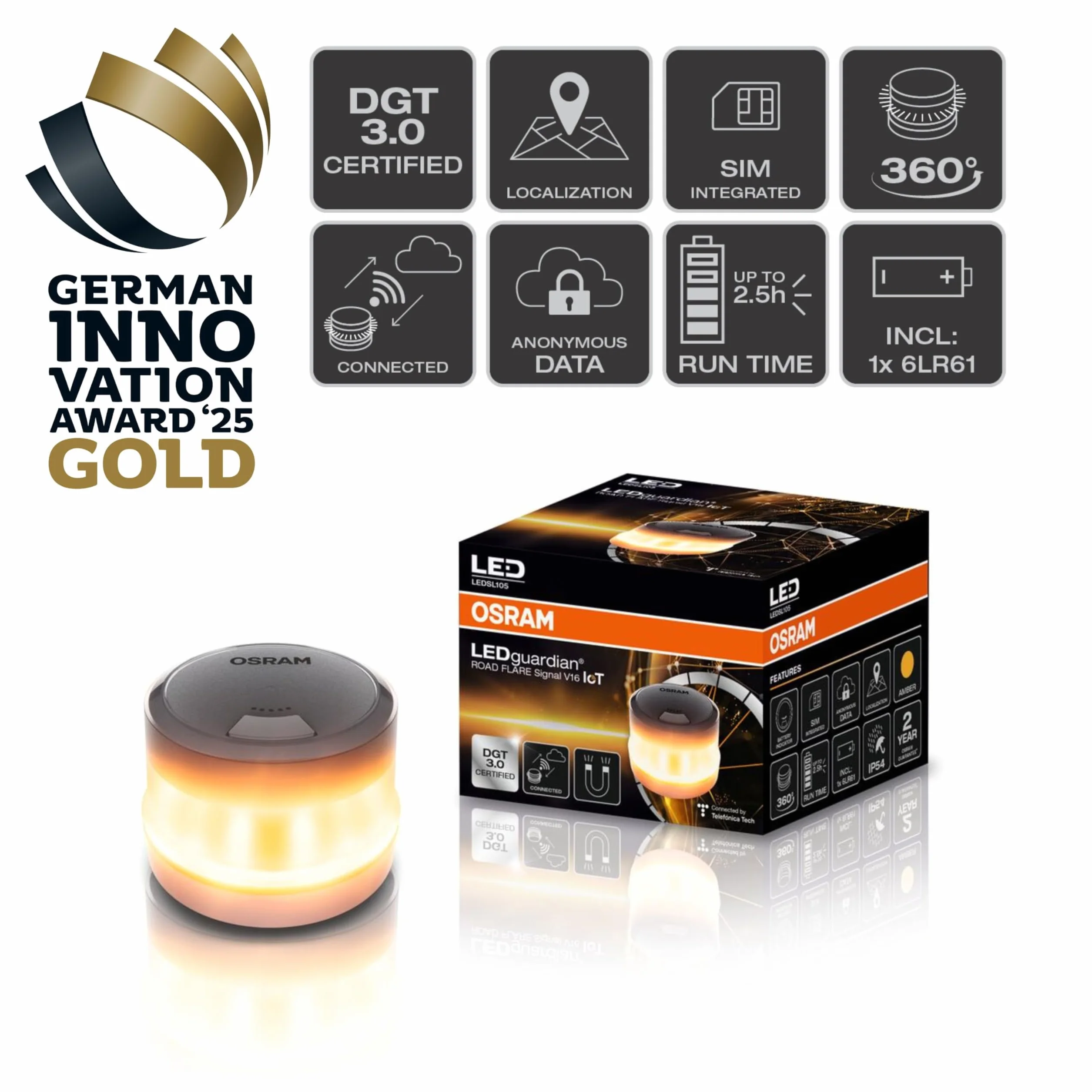 OSRAM LEDguardian ROAD FLARE Signal V16 IoT, certyfikowana lampa ostrzegawcza LED DGT 3.0, obowiązkowe stosowanie w Hiszpanii, 1900K, lokalizacja w czasie rzeczywistym