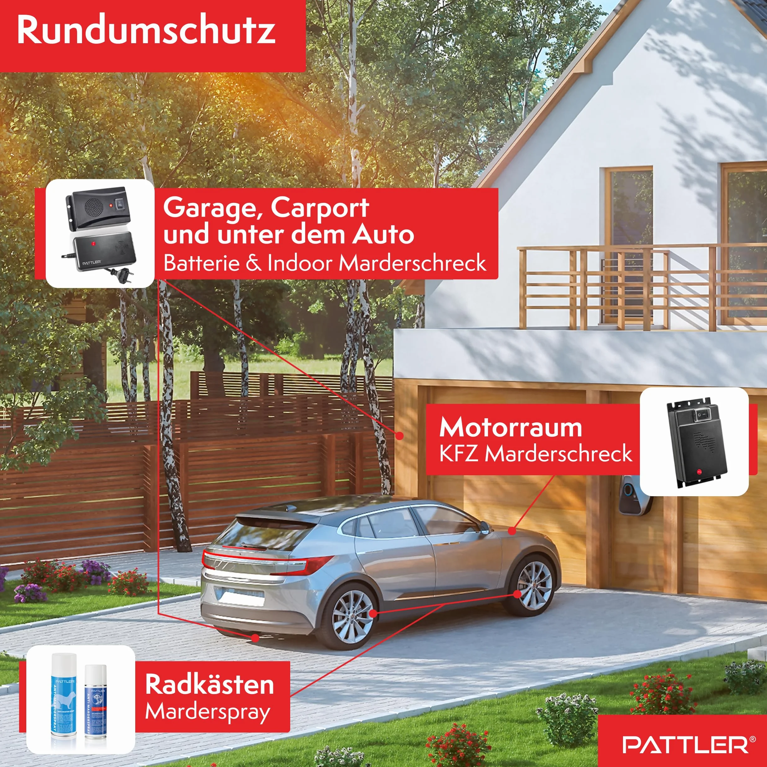 PATTLER® Samochodowy odstraszacz kun - ultradźwiękowy odstraszacz kun. Podłączenie do akumulatora samochodowego 12 V. Natychmiastowa i długotrwała ochrona przed kunami w komorze silnika