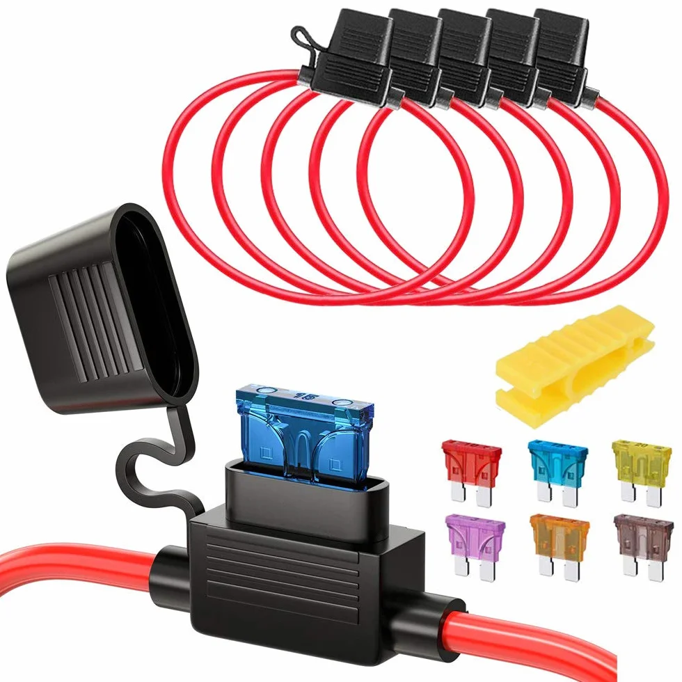 Gebildet 5 szt. 16AWG Bezpiecznik Płaski, z Drutem, do Samochodów Ciężarowych, 32 V, 20 A, Wodoszczelny, z 6-częściowymi Standardowymi Bezpiecznikami Płaskimi (3 A, 5 A, 7,5 A, 10 A, 15 A, 20 A)