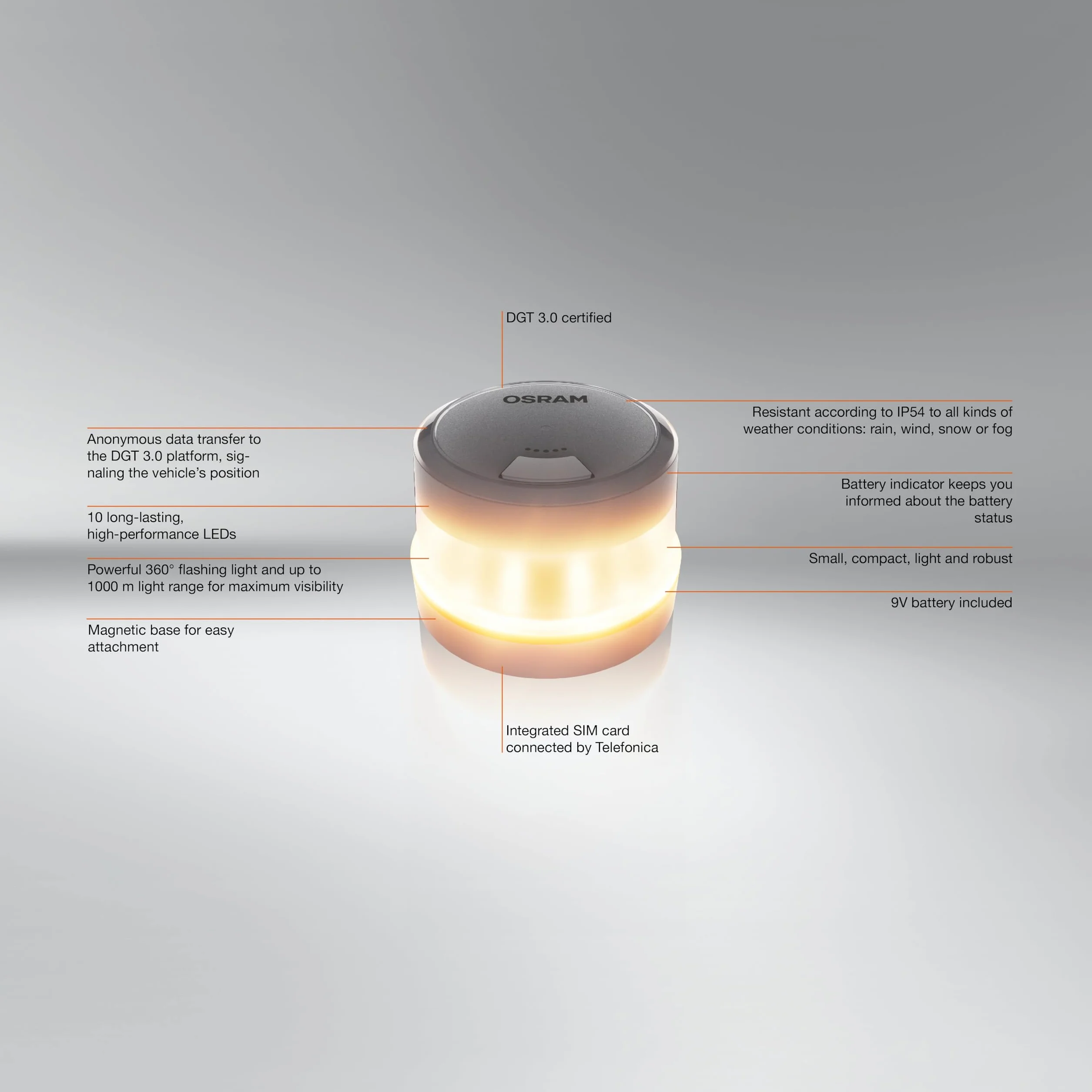 OSRAM LEDguardian ROAD FLARE Signal V16 IoT, certyfikowana lampa ostrzegawcza LED DGT 3.0, obowiązkowe stosowanie w Hiszpanii, 1900K, lokalizacja w czasie rzeczywistym