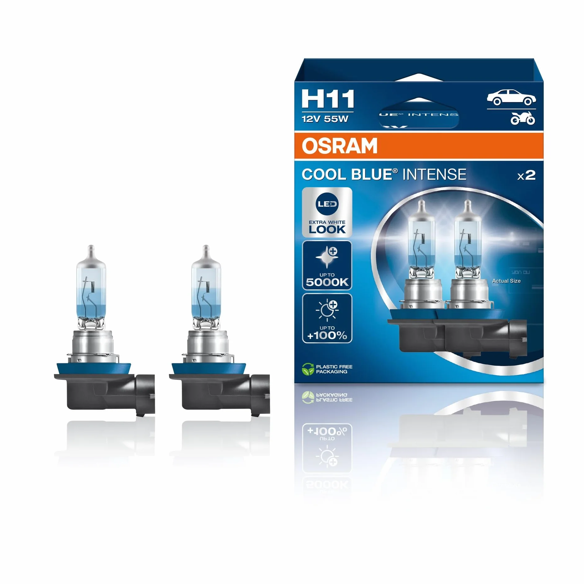 OSRAM COOL BLUE INTENSE H11, +100% più luminosa, fino a 5000K, lampada alogena, look LED, duo box (2 lampade)