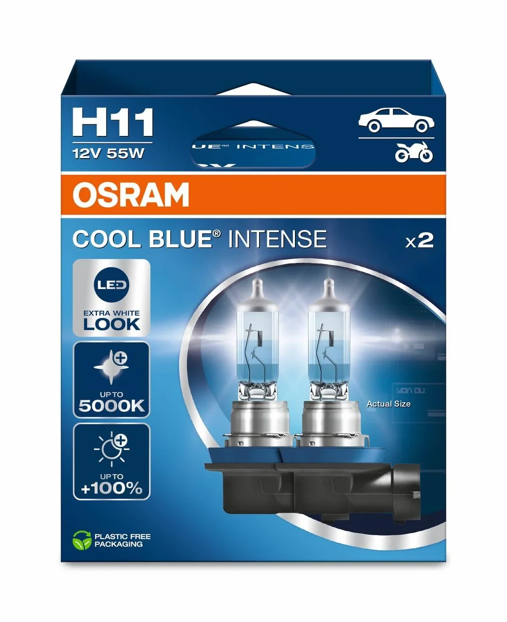 OSRAM COOL BLUE INTENSE H11, +100% più luminosa, fino a 5000K, lampada alogena, look LED, duo box (2 lampade)