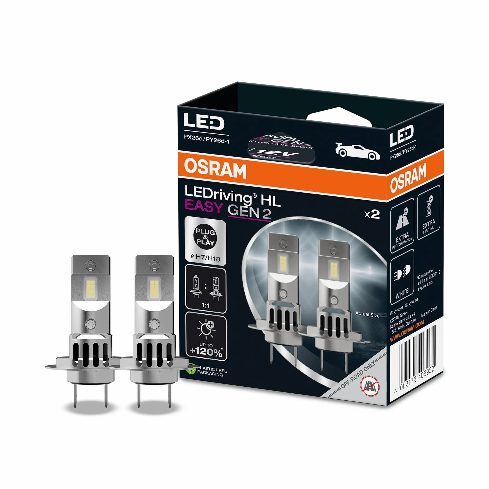 OSRAM LEDriving HL EASY GEN 2 ≜ H7/H18, światła drogowe i mijania LED, Cool White 6500K, bez akcesoriów, tylko do użytku w terenie - bez ECE, 2 lampy