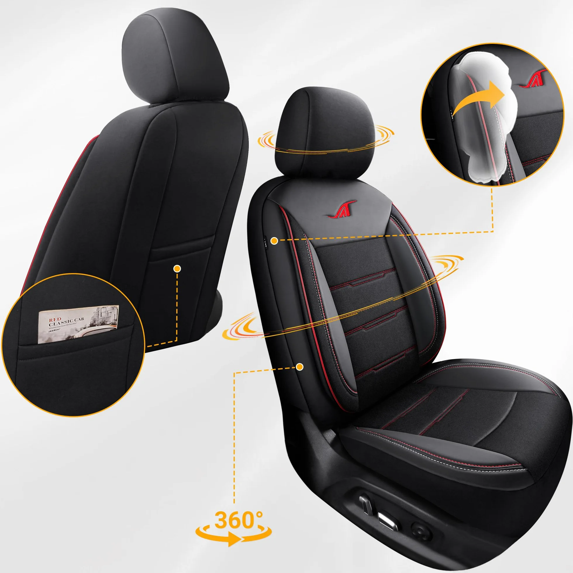 Pokrowce na siedzenia samochodowe kompatybilne z Renault Megane 3 2008-2016, zestaw 2 sztuk, seria AIE, AIE401, czarne, z czerwonymi szwami