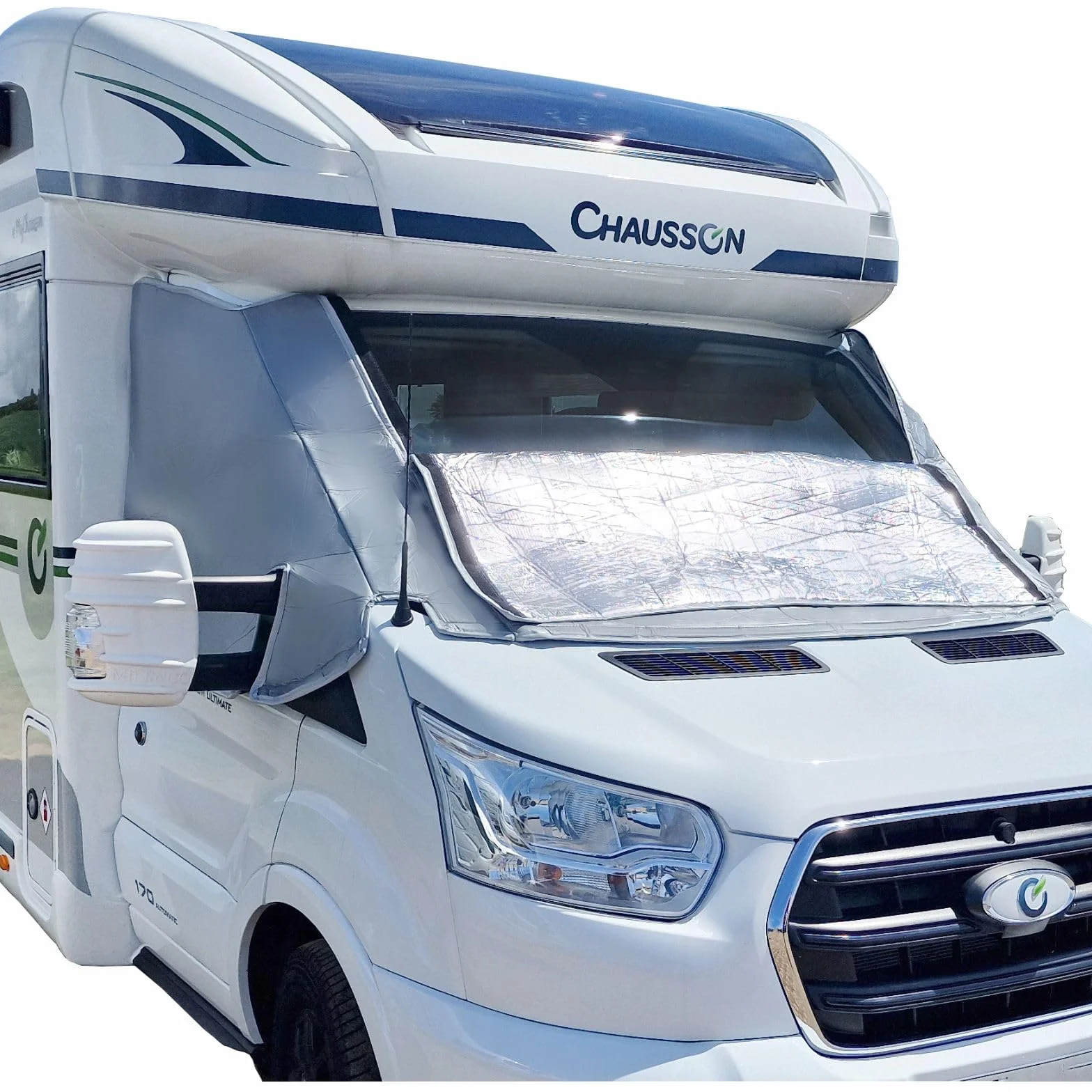 Mata Termiczna Izolacyjna Zewnętrzna na Przednią Szybę do Kampera Wykonana z 8 mm Wielowarstwowego Materiału Przeznaczona do Samochodu Ford Transit wyprodukowanego po 2015 roku.