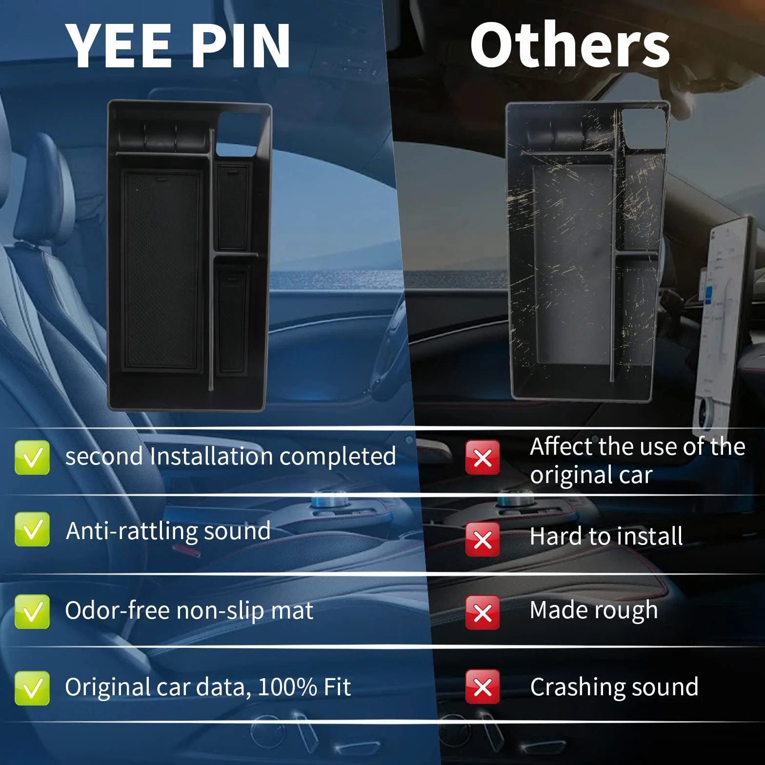 YEE PIN Pudełko do przechowywania kompatybilne z Ford Mustang Mach-E 2021-2023, organizer do konsoli środkowej, organizer na podłokietniki, akcesoria, z matą antypoślizgową (czarny)