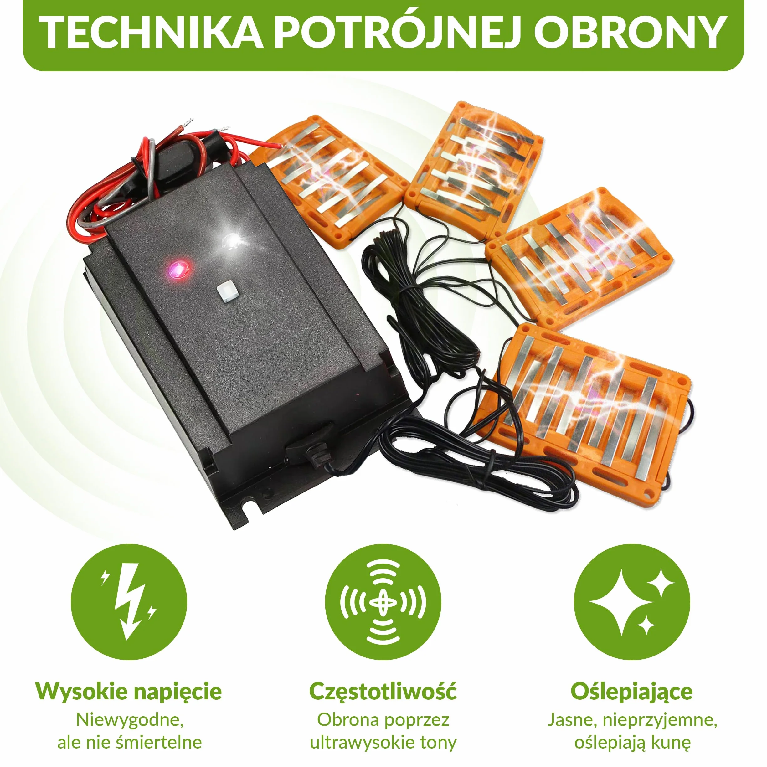 ISOTRONIC® Ultradźwiękowy i wysokonapięciowy odstraszacz myszy, szczurów i kun, 12V zasilany z akumulatora samochodowego, migające światło LED do odstraszania kun, ochrona przed myszami i szczurami do