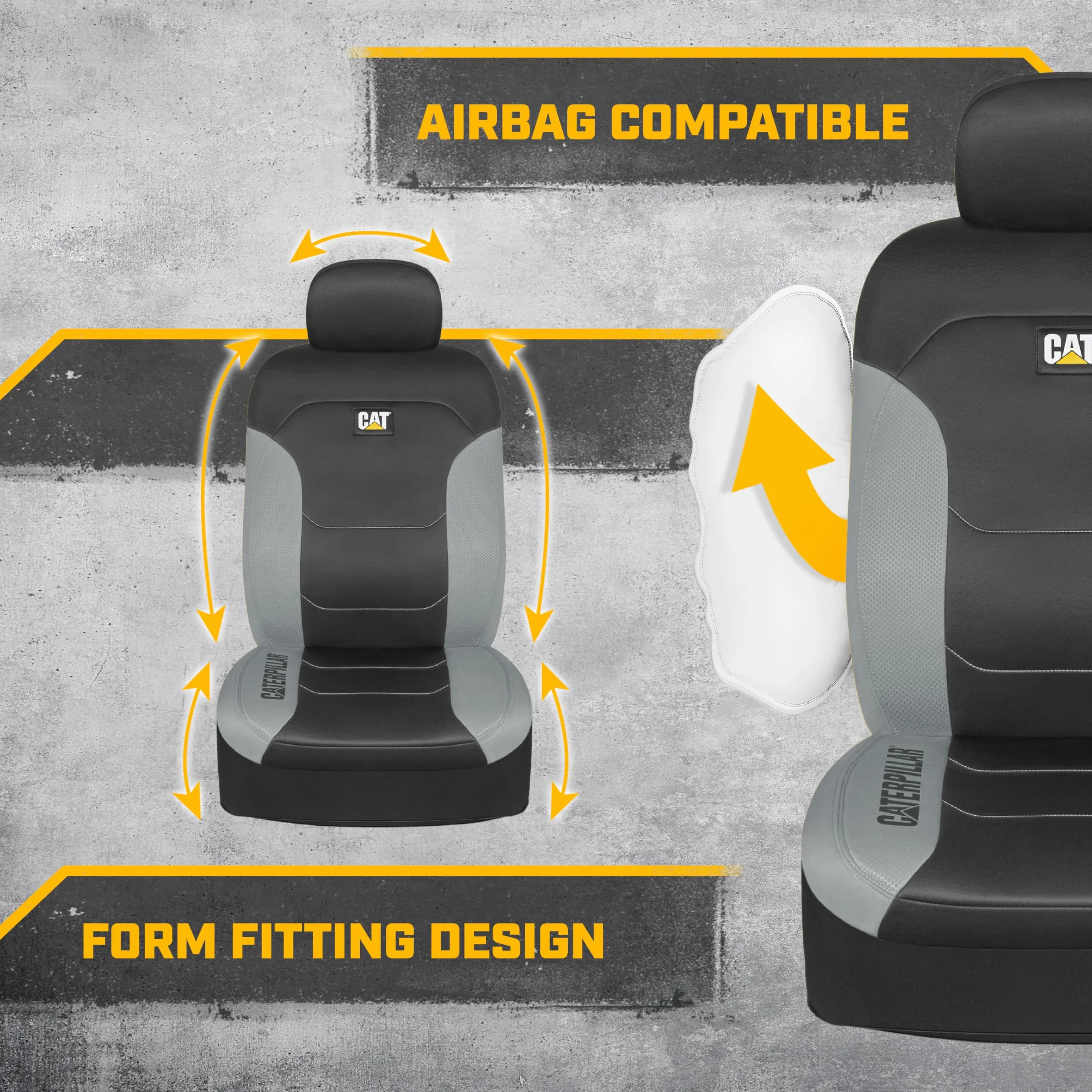 Caterpillar Flexfit Pokrowce na siedzenia samochodowe do samochodów ciężarowych i SUV-ów (zestaw 2 szt.) – czarne pokrowce na przednie siedzenia, ochraniacze na siedzenia samochodowe z szarym