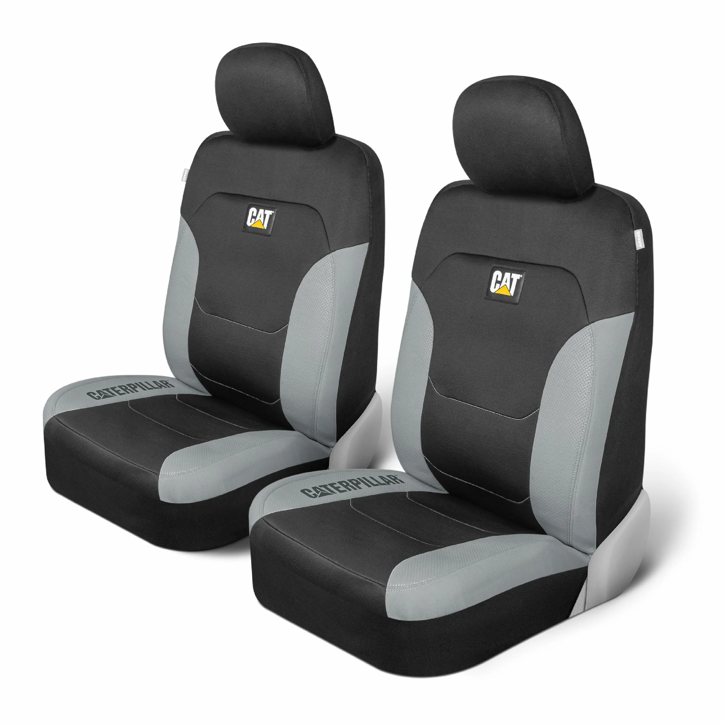 Caterpillar Flexfit Pokrowce na siedzenia samochodowe do samochodów ciężarowych i SUV-ów (zestaw 2 szt.) – czarne pokrowce na przednie siedzenia, ochraniacze na siedzenia samochodowe z szarym