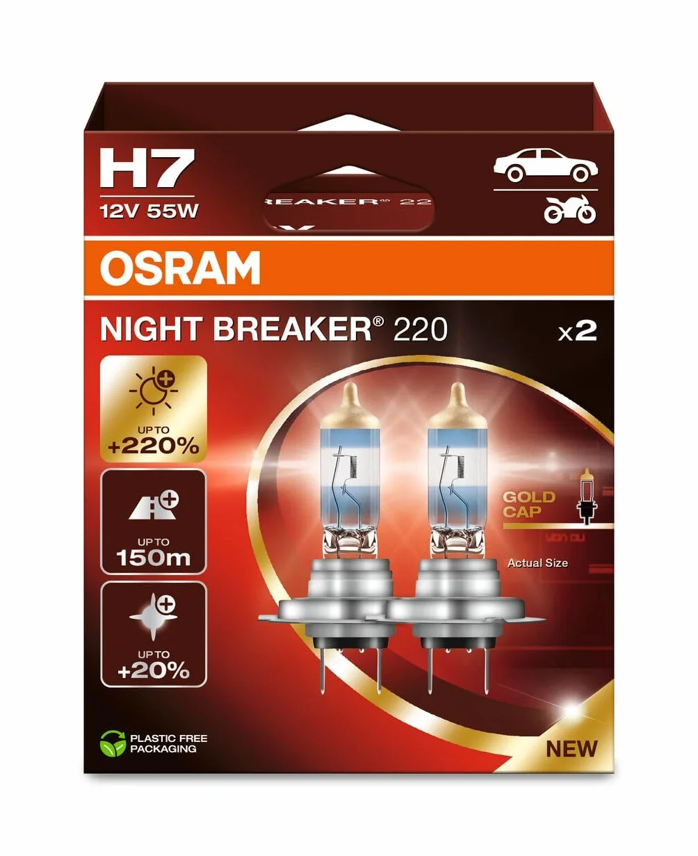 OSRAM NIGHT BREAKER 220, H7, +220% większa jasność, reflektor halogenowy, 64210NB220-2HB, składane pudełko (2 lampy)