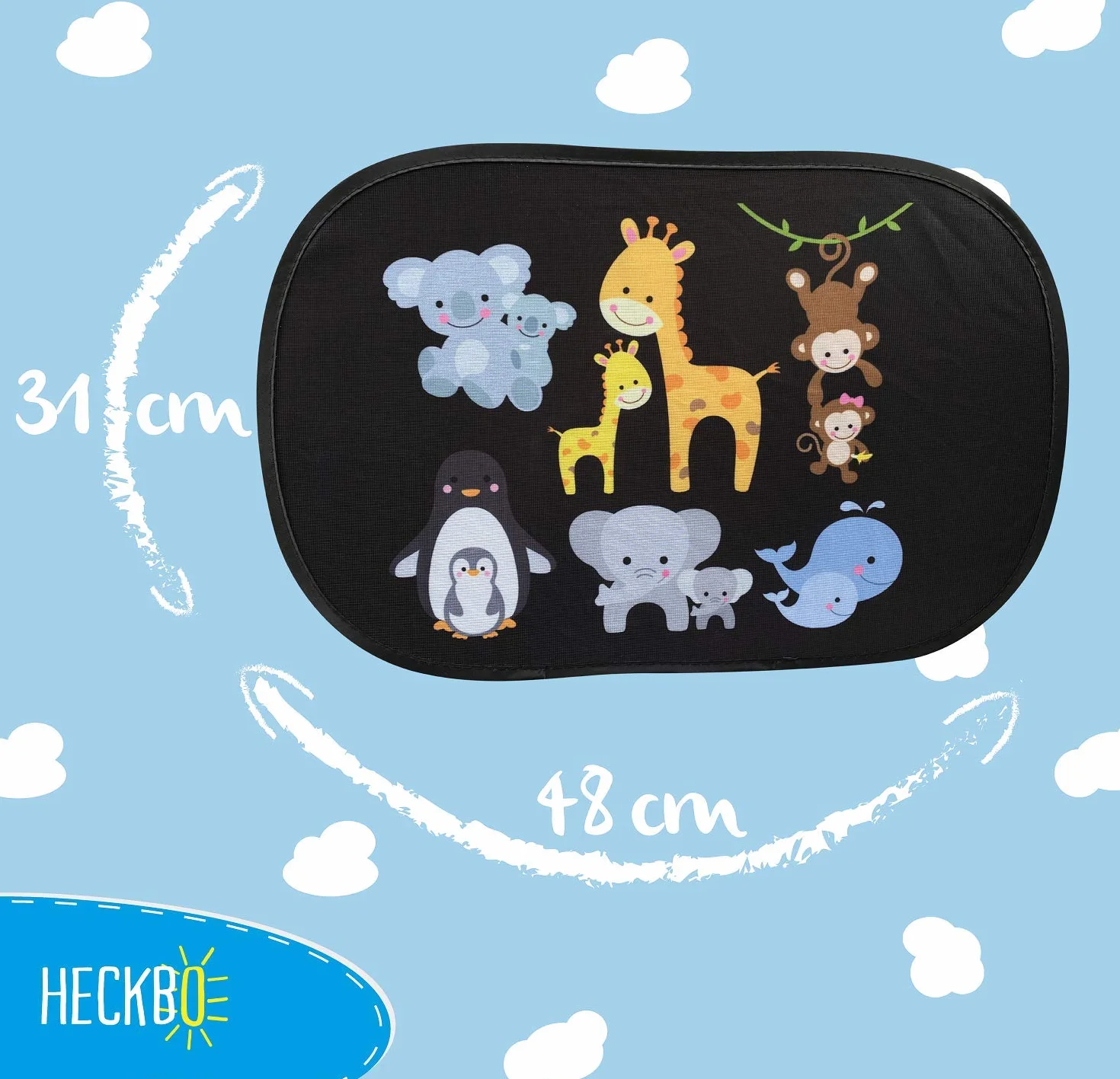 HECKBO 2 x samochodowa osłona przeciwsłoneczna z 8 przyssawkami – małe zwierzęta z mamą – 48 x 31 cm – na okno boczne do samochodu, osłona przeciwsłoneczna na szybę boczną – z kieszenią – dla